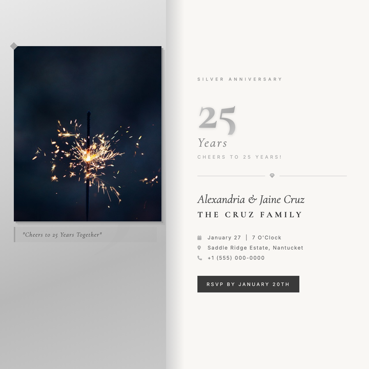 A split-panel layout pairs a cool silver gradient with warm cream, anchored by a ghosted Cormorant Garamond "25" watermark and a portrait photo frame with a stacked-card shadow.