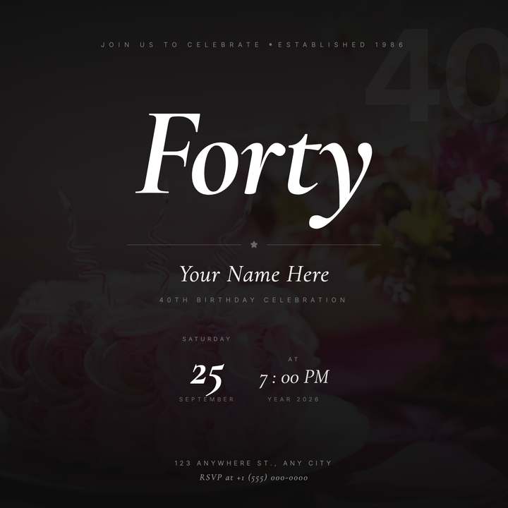A cinematic, all-black invitation built around an oversized italic Cormorant Garamond hero word and a whisper-opacity full-bleed photo backdrop.