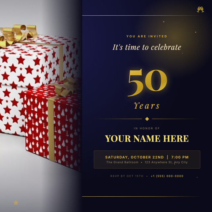 A cinematic navy-and-gold layout built for milestone birthday galas, featuring a full-height portrait panel on the left with a seamless gradient scrim that dissolves the photo into the deep indigo background.