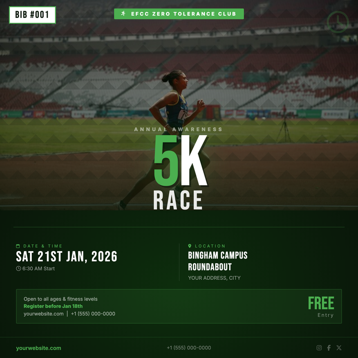 Built for community runs, charity fun runs, and campus wellness races, this template leads with an oversized Bebas Neue race-distance headline that bridges the hero photo and dark-green lower panel.