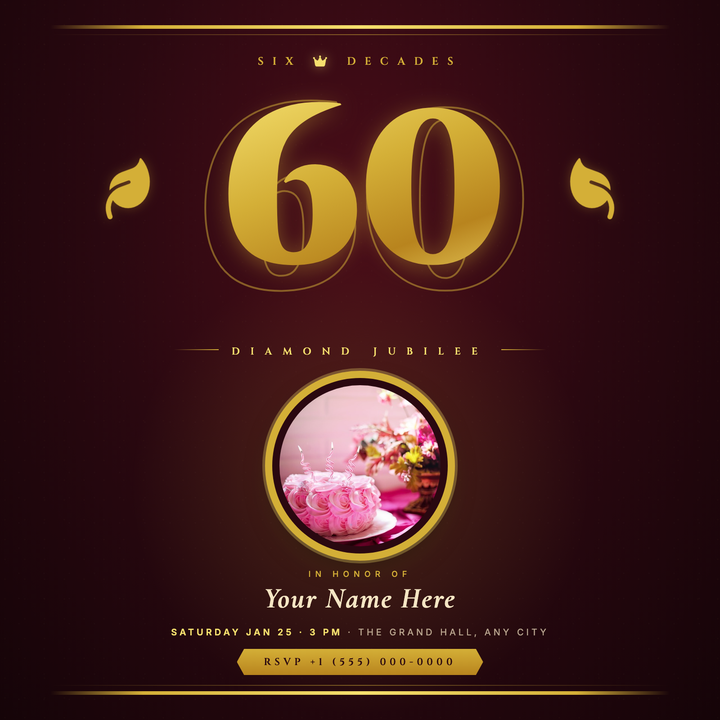 A regal burgundy-and-gold milestone flyer built around a massive double-exposure "60" numeral — transparent outline layered over a champagne-gold gradient fill — anchored by a circular portrait medallion at center.