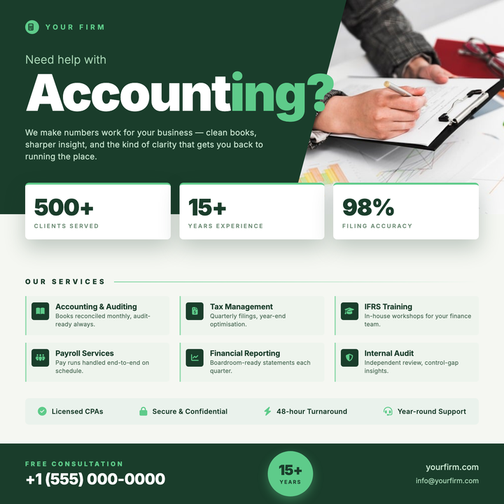 A credential-forward square flyer built for accounting practices and tax advisory firms.