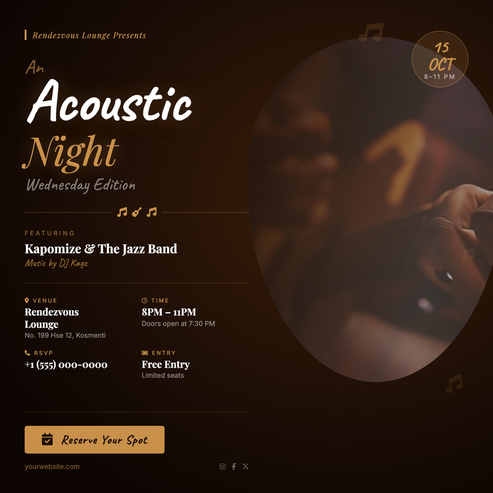 A warm woodgrain canvas pairs oversized Caveat headlines with Playfair Display italics in deep brown and amber-gold to set an intimate, handcrafted mood.