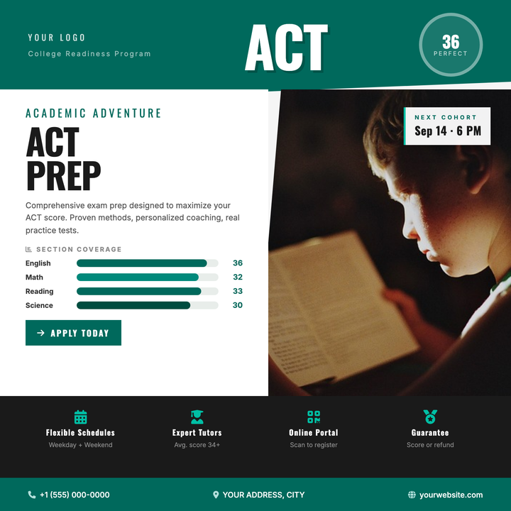 A data-forward layout built for test prep programs that need to show measurable results at a glance.