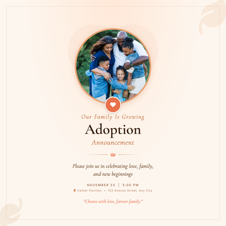 A warm amber-peach circular portrait layout with Cormorant Garamond serif typography, botanical leaf accents, and a coral heart badge bridging photo to text.