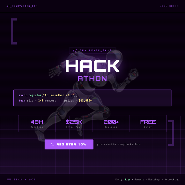 A cyberpunk-inspired hackathon flyer built around a massive two-line Orbitron headline and neon purple (#a855f7) accents on a deep-space near-black canvas.