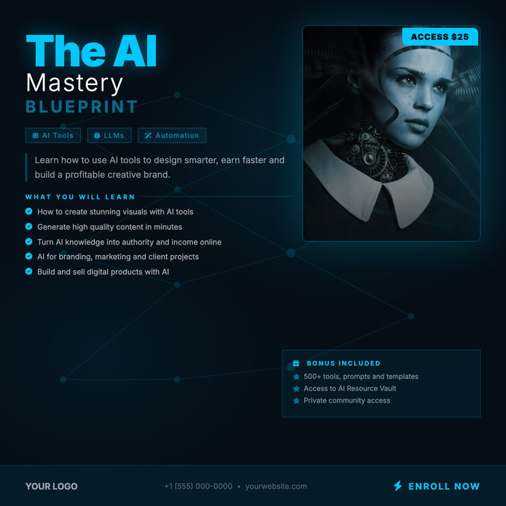 A deep navy-black canvas with neon cyan headlines and a neural network SVG overlay signals credible tech authority at a glance.