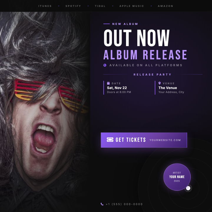 A moody, cinema-dark 800×800 social tile built for album drops, vinyl releases, and listening sessions.
