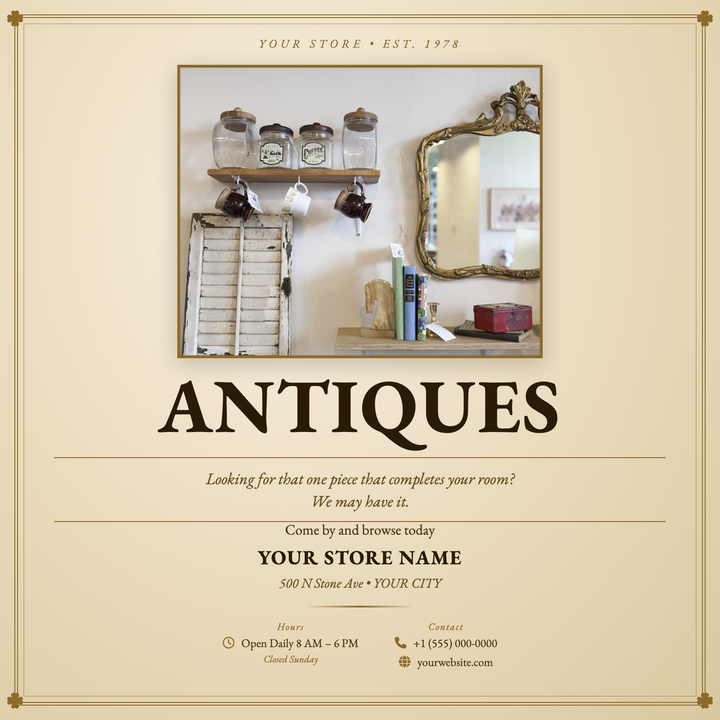 A parchment-toned template built for antique fairs, estate sales, and vintage markets.