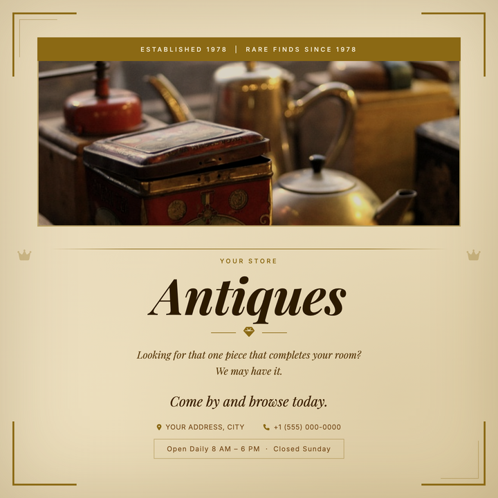 A heritage-forward flyer built around warm parchment gradients, sepia edge vignettes, and gilt corner frames that evoke aged paper and provenance.