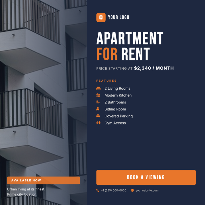 A split-panel layout pairs a full-bleed building photo with a deep navy content panel, letting key specs shine.