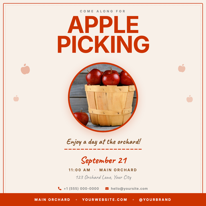 A warm cream-and-red harvest flyer built around a bold 90px Inter headline and a circular orchard photo framed in crimson.
