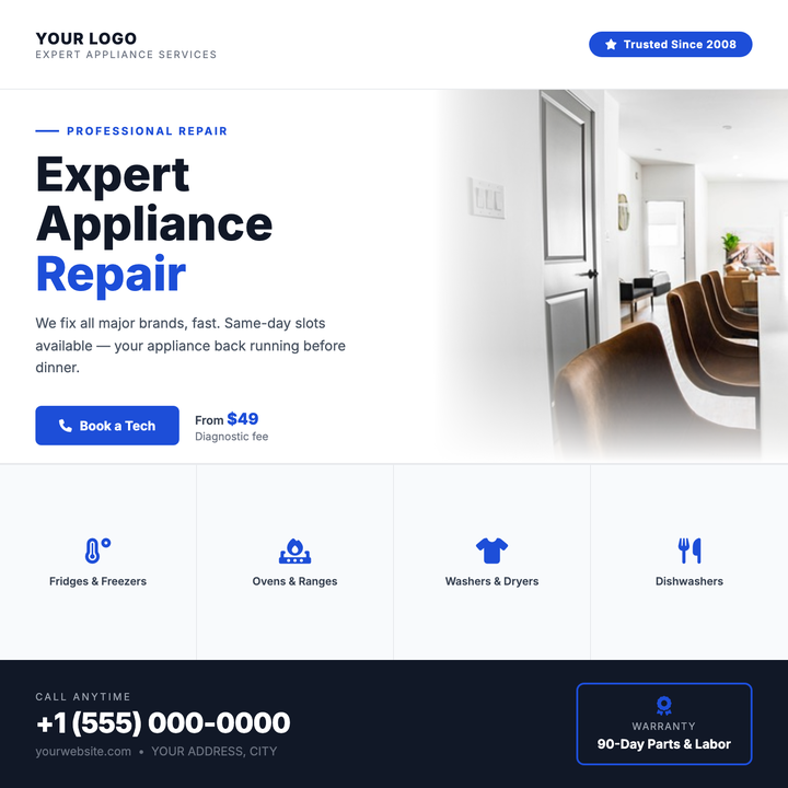 A clean white-and-blue layout built for local home-services businesses that need to communicate trust and urgency fast.