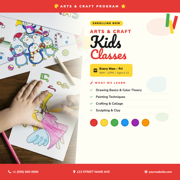 Bold Pacifico display headlines and a vivid red-and-yellow palette give this flyer an energetic, playful feel built for parents scanning fast.