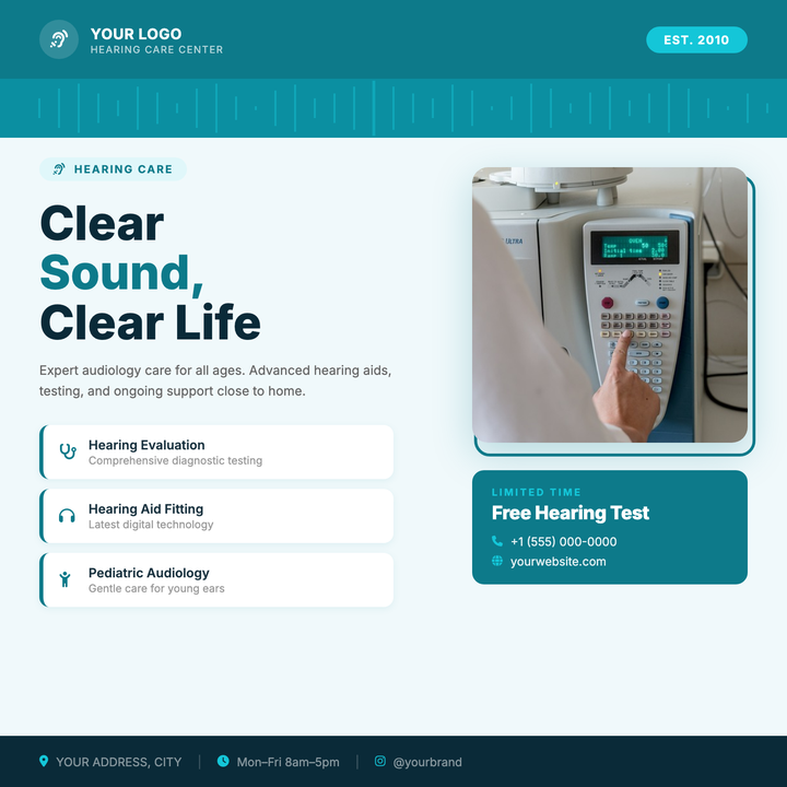 Built for hearing health clinics and audiologist practices, this square 800×800 template pairs a bold right-column photo block with a teal clinical palette to build instant trust.