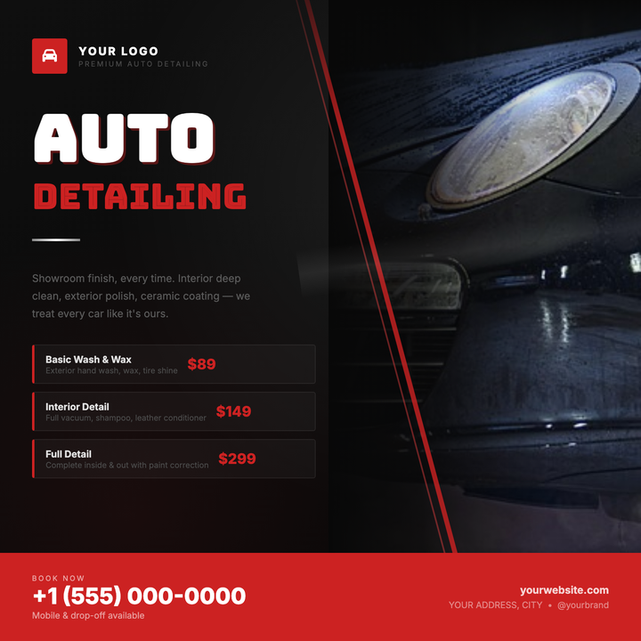 A dark chrome aesthetic with a bold red accent slash and right-anchored car photo makes this flyer ideal for detailing shops and mobile detailers.