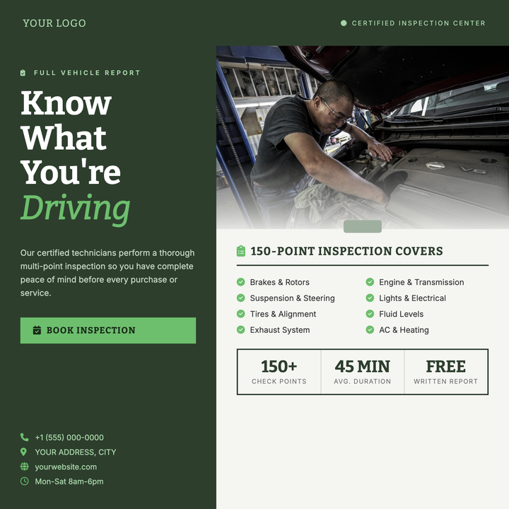 A split-layout flyer built for automotive inspection and certified mechanic services.