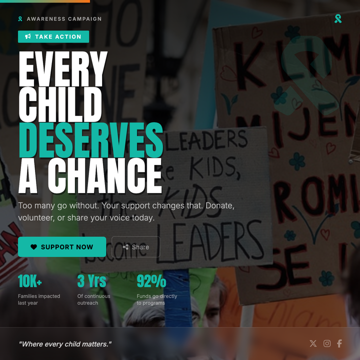 A cinematic dark-canvas layout built for non-profits, advocacy groups, and fundraising drives.