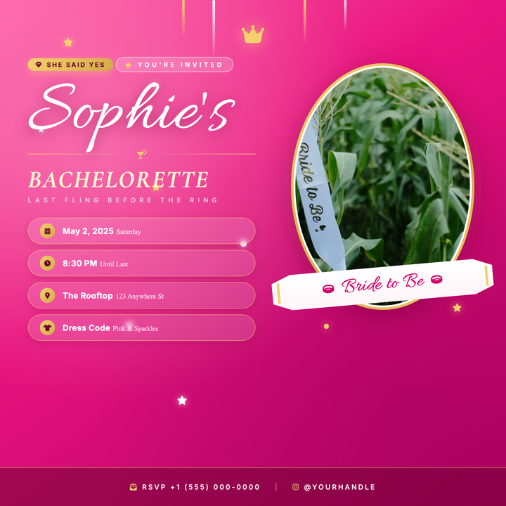 A playful-luxe invite built on a hot-pink-to-magenta gradient with a gold-haloed oval portrait, script bride name, and a fabric-style sash ribbon.