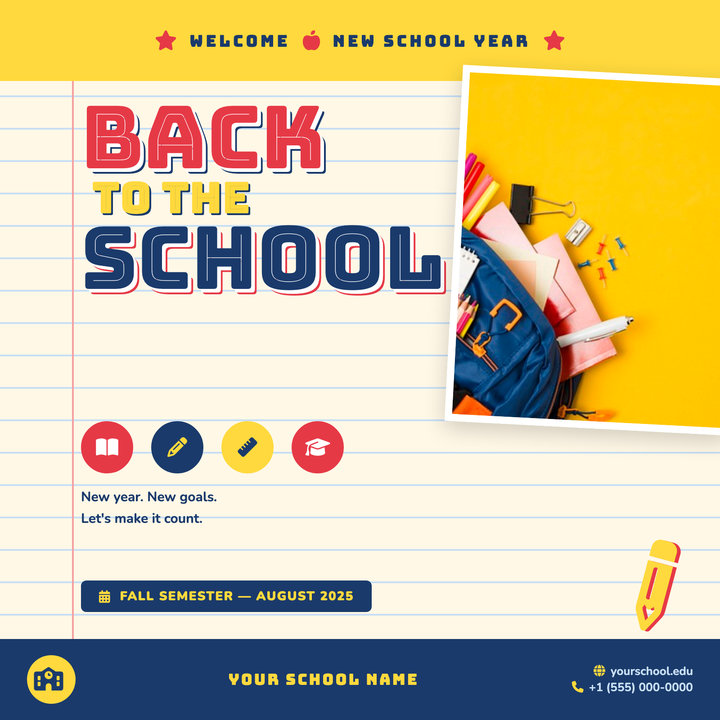 Built on a ruled-notebook backdrop with warm cream, blue lined rows, and a coral pink margin rule, this template channels bold stationery energy.