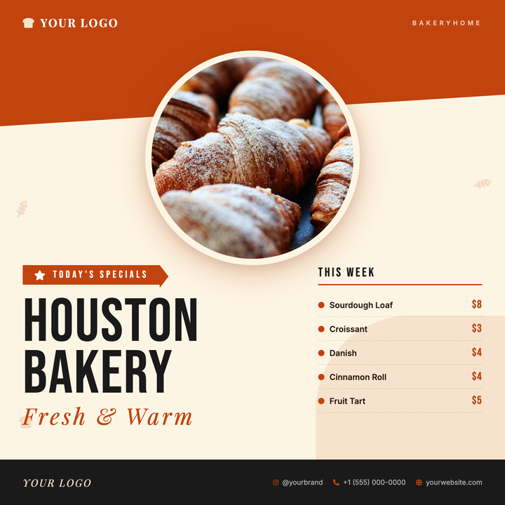 A warm rust-on-cream layout built for neighbourhood bakeries and artisan food stalls to showcase rotating daily or weekly specials.