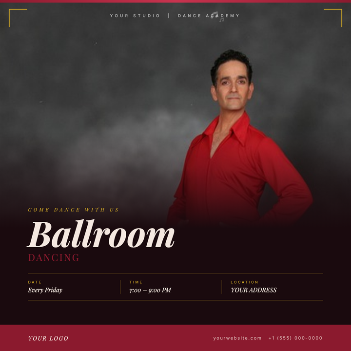 A photograph-first design for upscale ballroom events, built on a deep burgundy canvas with a full-bleed photo panel that dissolves into the dark lower zone via a seamless gradient scrim.