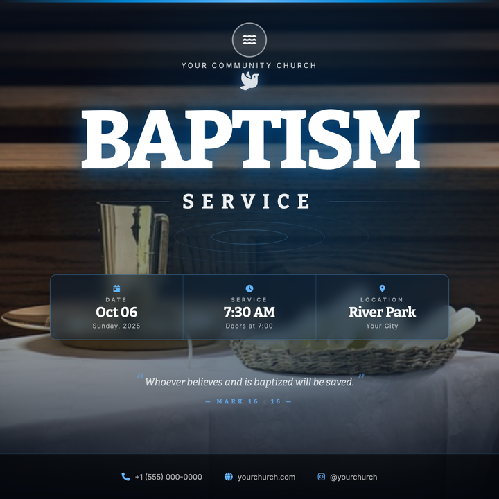 A bold, reverent flyer built around a full-bleed water photo with a deep navy gradient scrim and a massive 132px Bitter serif headline as the focal point.