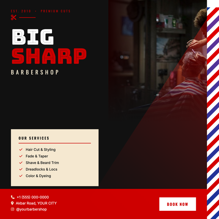 Bold red-on-black design built for urban and classic barbershops.