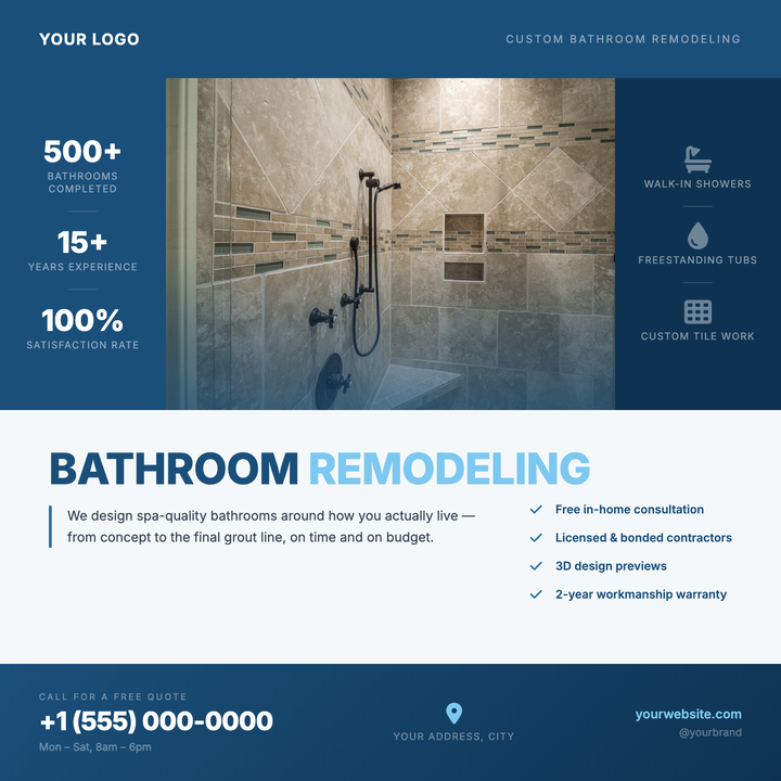 Built around a hero project photo flanked by symmetrical navy side panels packed with stats and credentials, this template gives remodeling contractors a polished leave-behind that earns trust fast.