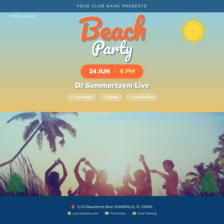 A sky-to-sand gradient backdrop sets a tropical mood without needing a hero photo, while bold Pacifico script headlines — coral-orange "BEACH" stacked over white "PARTY" — grab attention instantly.