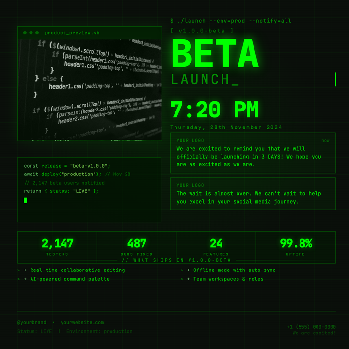 A CRT terminal-style announcement flyer built on a near-black base with pure #00ff00 green accents, scanline overlays, and a faux OS window holding a luminosity-blended product image.