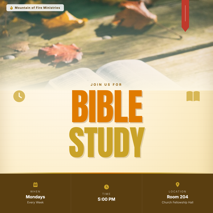 A warm parchment canvas pairs an open-Bible photo with bold Anton display type — "BIBLE" in striking orange and "STUDY" in warm gold — for instant visual impact.
