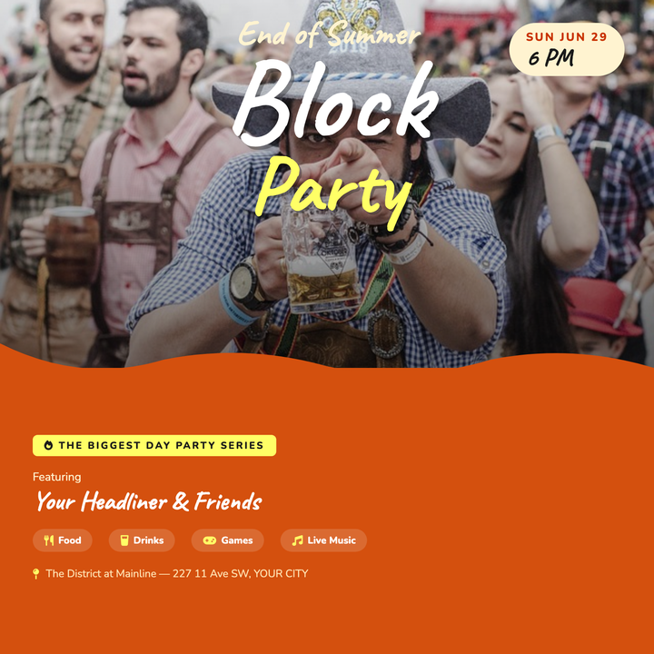 Bold Caveat lettering stacked three lines tall — with the oversized "BLOCK" headline dominating the canvas — over a darkened cover photo and a deep burnt-orange lower panel.
