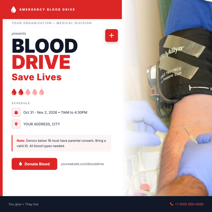 A bold, clinically urgent layout built for blood drives and donor recruitment campaigns.