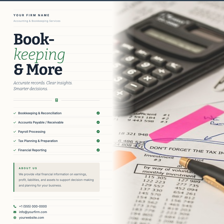 A split-layout flyer with a warm cream-and-navy palette, ledger-line background, and Bitter serif headlines โ built for bookkeeping, accounting, and tax prep firms.