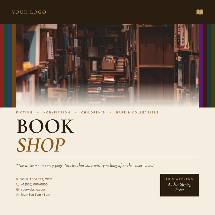A warm, editorial-style flyer built on a parchment `#f5ede0` ground with Cormorant Garamond serif typography and a rich espresso-and-gold palette.