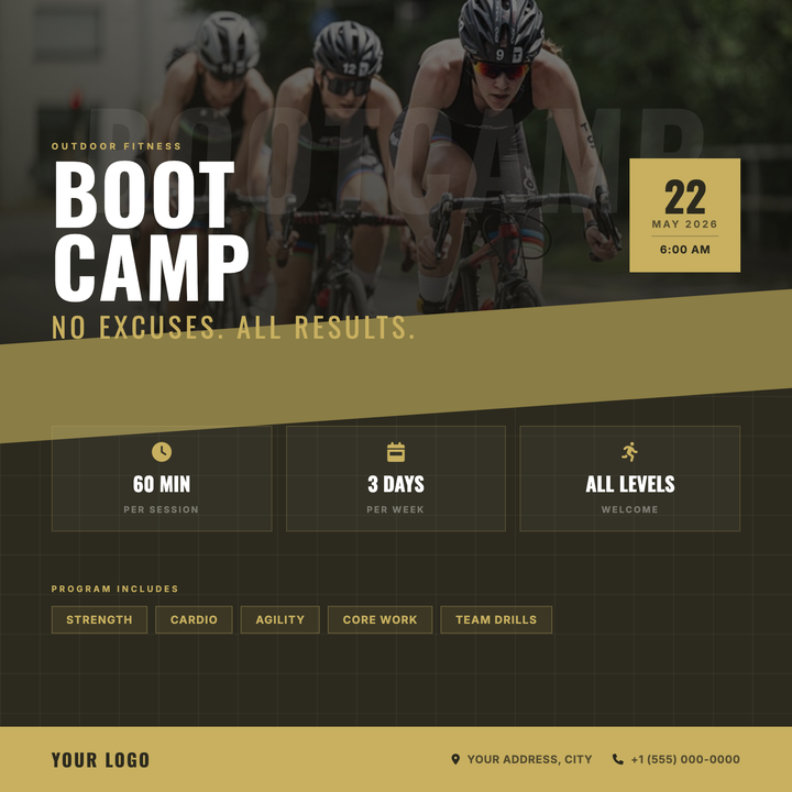 Built for high-intensity fitness and tactical training events, this template pairs a full-bleed action photo with a ghost 'BOOTCAMP' stencil watermark in 130px Oswald — texture that sets the tone before a word is read.
