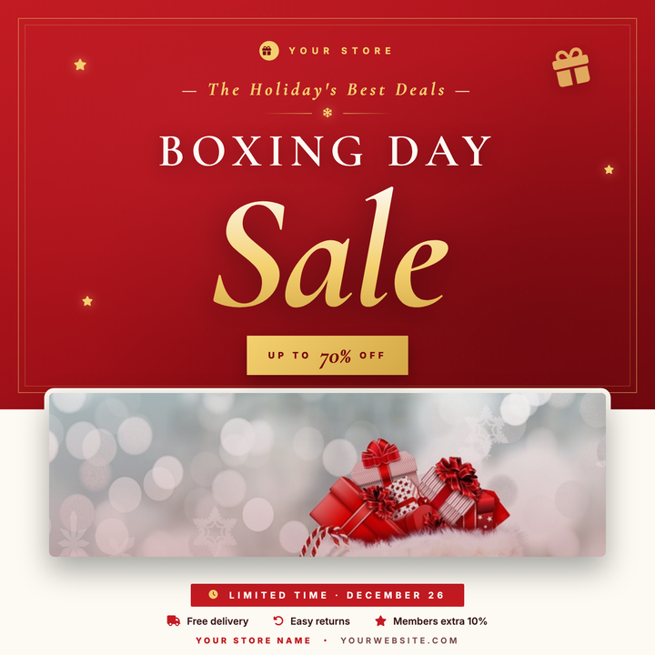 A crimson-and-gold editorial layout built for high-impact retail sale announcements.