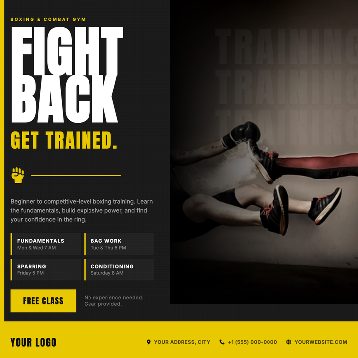 Bold Anton headlines at 120px and a stark yellow-on-black palette deliver instant grit for boxing gyms and MMA studios.