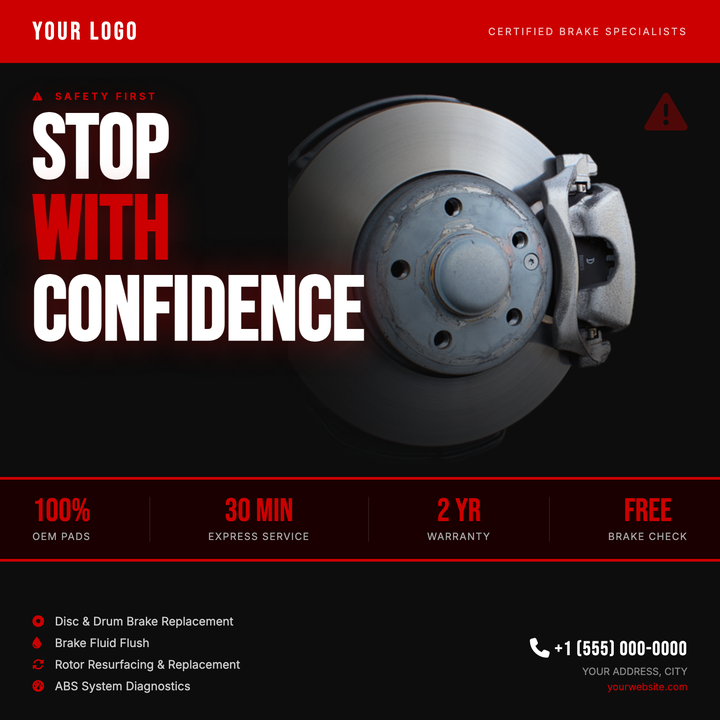 A high-contrast dark layout built for automotive brake and tire centers that need to project urgency and professionalism at a glance.