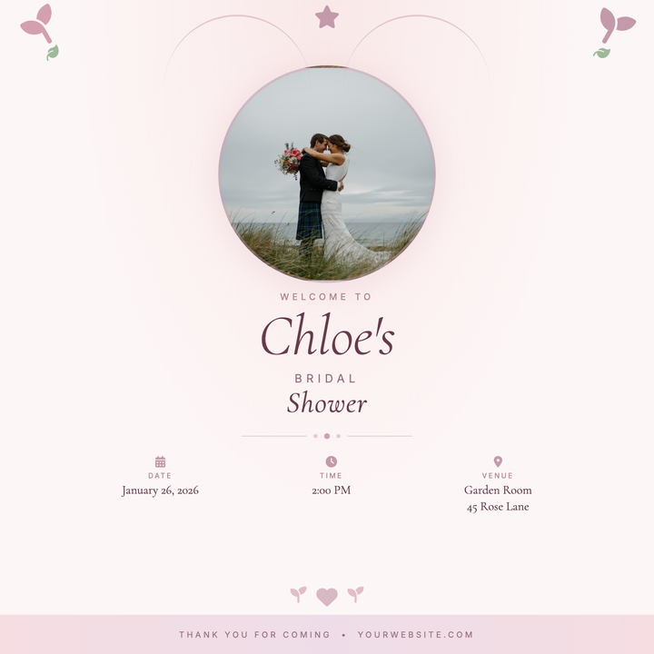A portrait-centered bridal shower announcement built around a circular photo well, botanical icon crown, and italic Cormorant Garamond typography.
