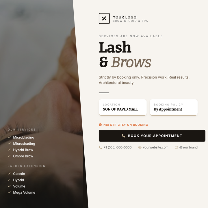 A moody split-panel layout built for appointment-driven beauty services — brow studios, lash bars, and boutique spas.