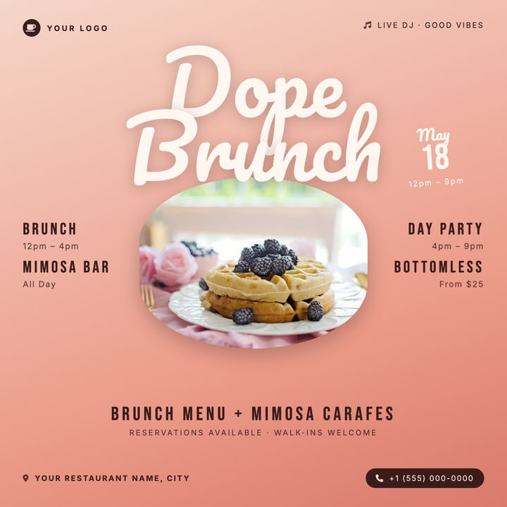 A warm blush-to-terracotta diagonal gradient sets the tone for this lively brunch flyer, anchored by a bold 132px Pacifico script title and an oval photo frame for food or venue shots.