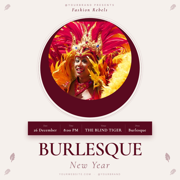 A vintage-poster layout built on cream paper tones with a deep burgundy accent, featuring a circular performer photo medallion framed by decorative lace rings.