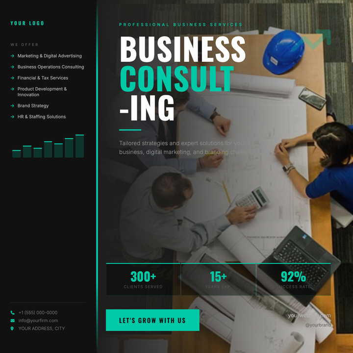 A structured two-zone layout with a near-black sidebar, razor-thin teal accent stripe, and full-bleed photo panel with gradient scrim.
