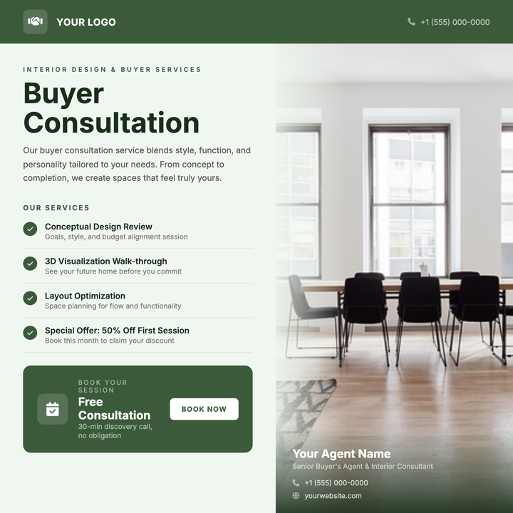 A clean, trust-forward layout built for real estate buyer agents and property consultants.