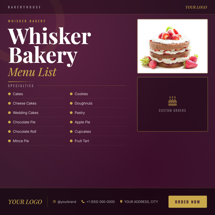 A deep-burgundy and antique-gold layout built for artisanal bakeries and patisseries.