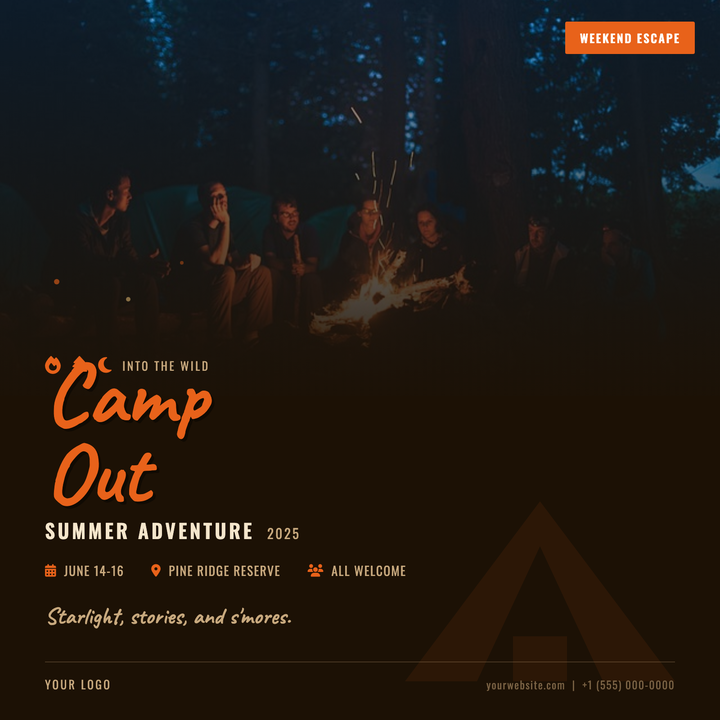 Built for outdoor overnight events, this template pairs a full-bleed landscape photo with a gradient scrim that dissolves into a deep ember-brown panel.