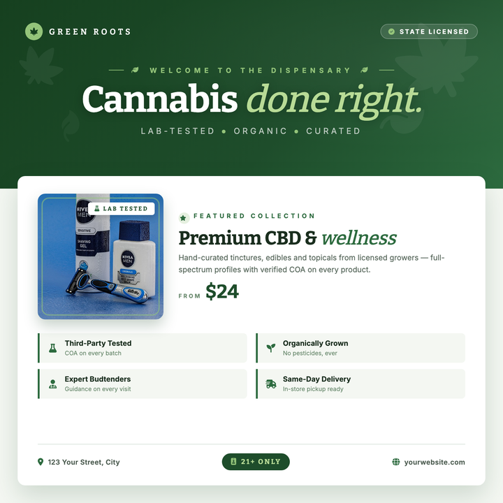 A forest-green gradient header layered with soft botanical leaf icons sets a premium, grounded tone for dispensary and CBD brands.