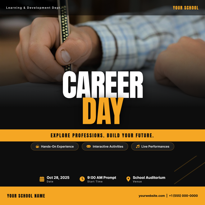 Bold Anton typography splits "CAREER" in white and "DAY" in amber across a dark-field hero photo with a seamless scrim fade, instantly commanding attention.